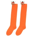Detail of vibrant orange knitted Christmas socks featuring 3D reindeer doll ornaments - Kids (7-12 Years Old) / Pure Orange / Red Hat Reindeer