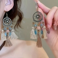 Bohemian vintage tassel drop earrings in bronze finish with wood beads and brown fringe - Hollow Metal Flower Plate Wood Bead Hand Woven Tassel Earrings (16#)