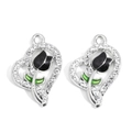 Black tulip heart charm with silver base and white zircons for DIY jewelry making - Black-Silver Plated