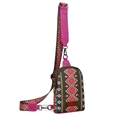 Ethnic bohemian crossbody bag in olive green with pink geometric patterns and wide strap - Pink