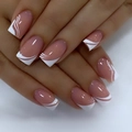 Uñas postizas rosa nude estilo francés con rayas blancas onduladas y forma de trapecio - BZ1075/Ondas Brillantes/Kit de Herramientas de Fototerapia