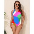 Maillot de bain une pièce pour femme avec blocs de couleurs et col dos nu sexy - S / Motif Multicolore 2