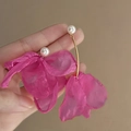 Detail of rose pink fabric flower earrings with pearls held in hand for close-up view - Pearl Style (6#)
