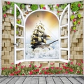 Arazzo da parete dettagliato con vista 3D su mare calmo e bellissime rose rosse - 150x130cm / Falsa Finestra Rose e Vista sull'Oceano