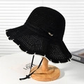 Women's black straw sun hat with white wavy trim and elegant gold butterfly buckle detail - Black Wavy Edge