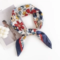 Elegant silk-like square scarf with floral print and deep blue and red borders - 70x70cm / Navy Blue Red Floral