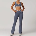 Cross-waist yoga set with flared pants and contrast trim in misty blue finish - XL / Top And Bottom / Blue Gray (Bra + Flare Pants)