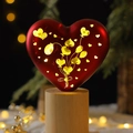 Luminous red heart ornament with golden floral patterns on a round wooden base - Heart Light / Red