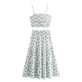 Two-piece white and blue floral set featuring a ruffled top and layered tiered skirt - S / Dark Green