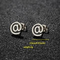 Polished silver stainless steel @ symbol stud earrings, 0.8cm diameter, lightweight 2g - 040 @ Symbol / Steel