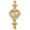 Foto macro de reloj de cuarzo dorado con forma de corazón, bisel de diamante y trébol - Todo Oro