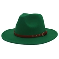 Detail of dark green wool fedora hat featuring a brown leather band and gold buckle - M(56-58cm) / Grass Green (3 Rivets)