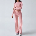 Women's two-piece pink sports yoga set with long sleeve top and high waist wide leg pants - S / Pink