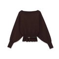 Elegante top in maglia color cioccolato con scollo a barca e cintura dorata - S / Marrone