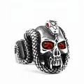 Gothic skull and snake ring in silver finish with red zircon eyes for men - Big Red Stone Skull Snake
