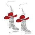 Western cowboy boot earrings with red hat and silver crystals on white background - Style 2 (Red Hat Silver Boot)