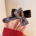 Pince à cheveux vintage en tweed et peluche avec motif tissé bleu et jaune - Nœud Papillon Marron Tissé Bleu (1#) / env. 11.5cm