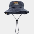 Detail of California Republic bear embroidery on vintage washed cotton bucket hat - One Size / Navy Blue