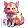 Colorful long-haired cartoon cat wooden puzzle in orange and pink tones with white box - F13 Art Cat 2 - Size L