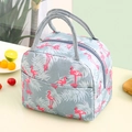 Insulated lunch bag with pink flamingo print and grey handles in a fresh setting - Blue Flamingo