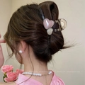 Große dunkelbraune Haarklammer mit rosa und weißen Herzen für eine elegante Hochsteckfrisur - Rosa Herz Klammer 13cm