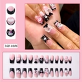 French press-on nails set with pink hearts and cute cartoon 3D character charms - Black Pink French Cartoon Figure Style (SGD-0006)