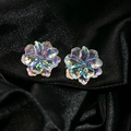 Iridescent white flower stud earrings with pearl fringe on black satin fabric background - Aurora Pearlescent Petal Style (E2839-1/Silver Needle)