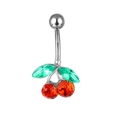 Silver stainless steel navel ring featuring red crystal cherries and green leaves - Cherry Style 5