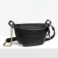 Women's vintage black PU leather belt bag with gold chain strap and lychee texture - Black
