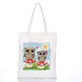 White canvas tote bag featuring a colorful cartoon owl and mushroom illustration print - Style C4 / No Zipper No Inner Pocket