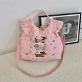 Pink quilted tote bag with cute cartoon dachshund embroidery and shoulder strap - Music Dog Pink