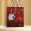 Detail of red Christmas canvas bag with golden Merry Christmas print and white woven handles - Style 44