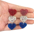 Independence Day patriotic earrings with red, silver and blue glittery acrylic hearts - G101 Three Hearts Studs