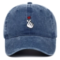 Detailed embroidery of a finger heart with a red heart on washed blue denim baseball cap - Navy Blue