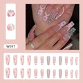 Lange Sarg-Kunstnägel in Rosa und Weiß mit Glitzerherzen und französischem Design-Finish - W097 Funkelndes Herz
