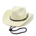 Western style cream woven straw sun hat with adjustable wind rope and 9cm wide brim - M (56-58cm) / Creamy White