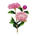 Elegant gold flower brooch with pink enamel petals and vibrant green leaves - Pink Daisy