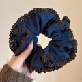 Navy blue scrunchie with coffee-colored crochet lace edge in a soft cotton blend - Navy Lace Double Layer Scrunchie