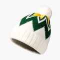 Winter knit beanie in white with green chevron patterns and a fluffy faux fur pompom - Dark Green