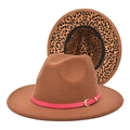 Cappello Fedora marrone da donna con fascia rosa e tesa inferiore con stampa leopardata - M (56-58cm) / Cachi
