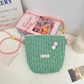 Green knitted striped crossbody phone bag with cute pompom and adjustable strap - Green