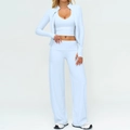 Three-piece light blue yoga set with hooded zip jacket, sports bra, and wide-leg pants - S / Top And Bottom / Jacket+Vest+Wide Leg Pants—Magic Blue