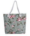 Ethnic style floral canvas tote bag with pink rose patterns and white rope handles - Grey Flower