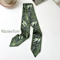 Deep green skinny silk scarf with botanical floral prints for hair and bags, 92x7cm - Grey Green Leaf 92cmx7cm