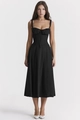 Elegant black corset midi dress with thin straps shown in a full-length professional studio shot - S / Bottoms / Classic Black