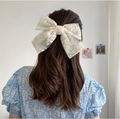 Sweet beige lace bow hair clip for women with long ribbons in elegant Korean style - 2-Layer Large Beige Lace Spring Clip