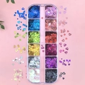 12-grid laser iridescent heart-shaped glitter sequins set in transparent storage box - T-353 (Hollow Heart Shapes)