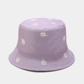 Light purple cotton bucket hat with white daisy embroidery and floral patterns - M (56-58cm) / Reversible Purple