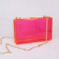 Neon pink acrylic clutch bag with gold metal frame and detachable chain strap - Bright Red