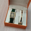 Coffret montre rectangulaire dorée pour femme, bracelet cuir vert et jonc LOVE - Style 18 (Sans boîte)